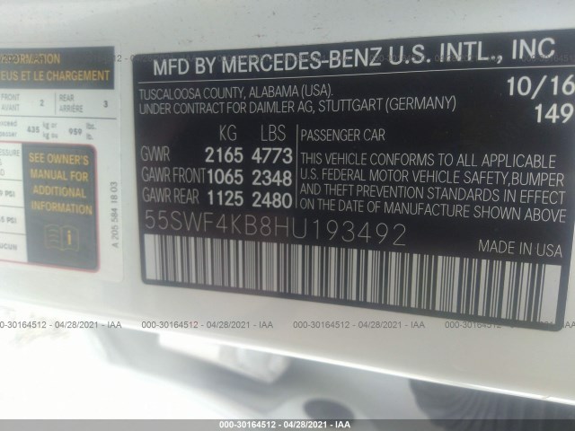 Photo 8 VIN: 55SWF4KB8HU193492 - MERCEDES-BENZ C-CLASS 