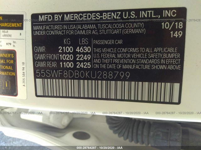 Photo 8 VIN: 55SWF8DB0KU288799 - MERCEDES-BENZ C-CLASS 