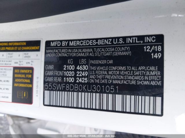 Photo 8 VIN: 55SWF8DB0KU301051 - MERCEDES-BENZ C 300 