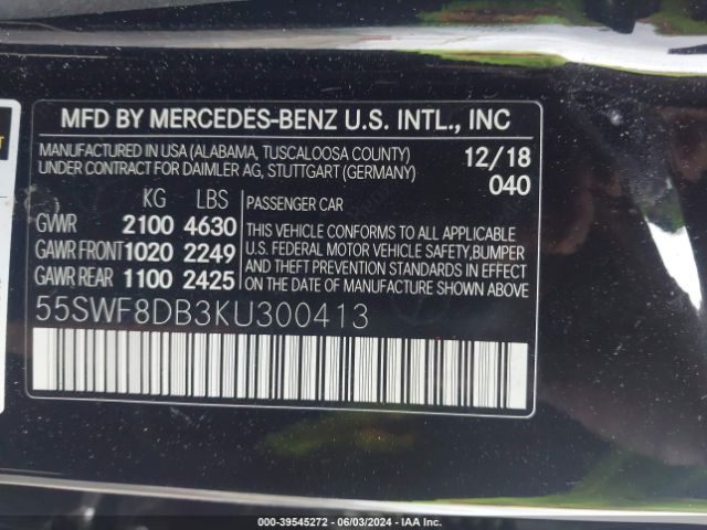 Photo 8 VIN: 55SWF8DB3KU300413 - MERCEDES-BENZ C-CLASS 