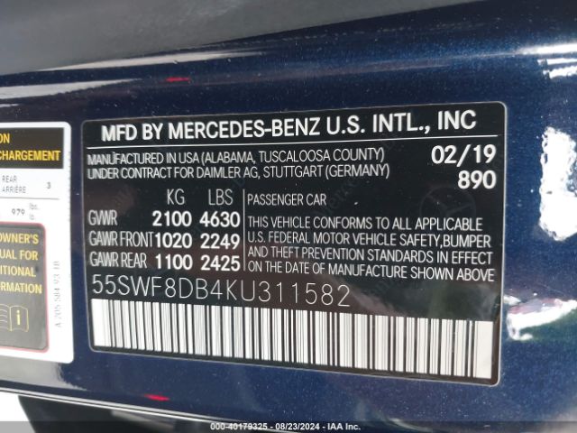 Photo 8 VIN: 55SWF8DB4KU311582 - MERCEDES-BENZ C-CLASS 