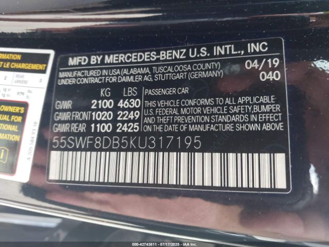 Photo 8 VIN: 55SWF8DB5KU317195 - MERCEDES-BENZ C-CLASS 