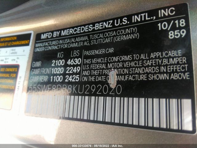 Photo 8 VIN: 55SWF8DB8KU292020 - MERCEDES-BENZ C-CLASS 