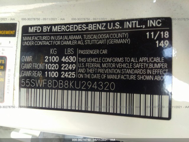 Photo 8 VIN: 55SWF8DB8KU294320 - MERCEDES-BENZ C-CLASS 