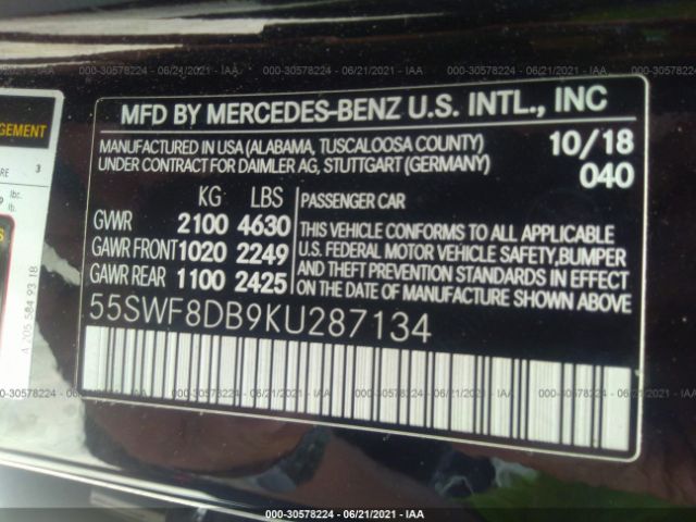 Photo 8 VIN: 55SWF8DB9KU287134 - MERCEDES-BENZ C-CLASS 