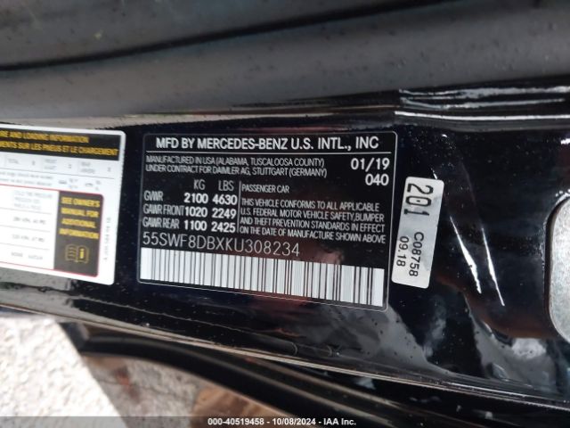 Photo 8 VIN: 55SWF8DBXKU308234 - MERCEDES-BENZ C-CLASS 