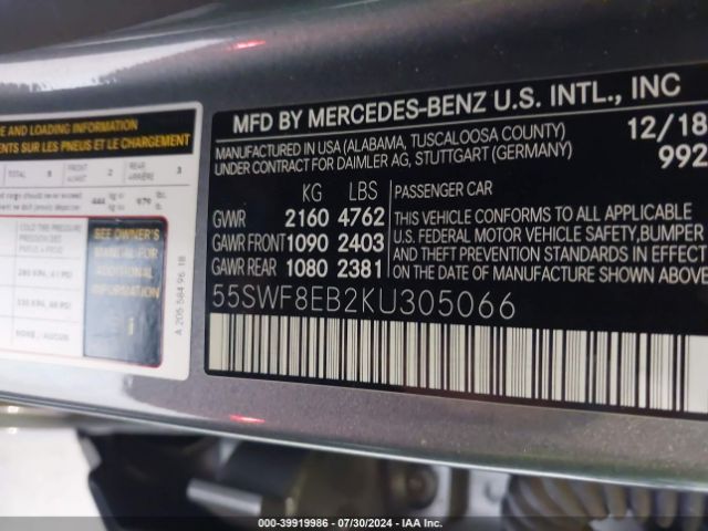 Photo 8 VIN: 55SWF8EB2KU305066 - MERCEDES-BENZ C-CLASS 