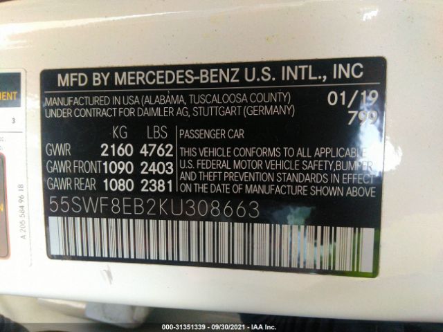 Photo 8 VIN: 55SWF8EB2KU308663 - MERCEDES-BENZ C-CLASS 