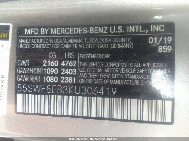 Photo 8 VIN: 55SWF8EB3KU306419 - MERCEDES-BENZ C-CLASS 