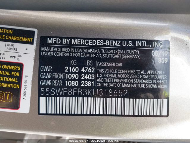 Photo 8 VIN: 55SWF8EB3KU318652 - MERCEDES-BENZ C-CLASS 