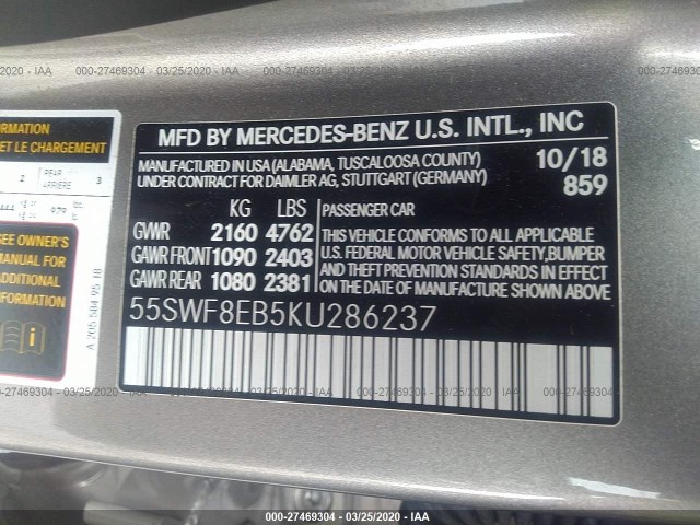 Photo 8 VIN: 55SWF8EB5KU286237 - MERCEDES-BENZ C-CLASS 