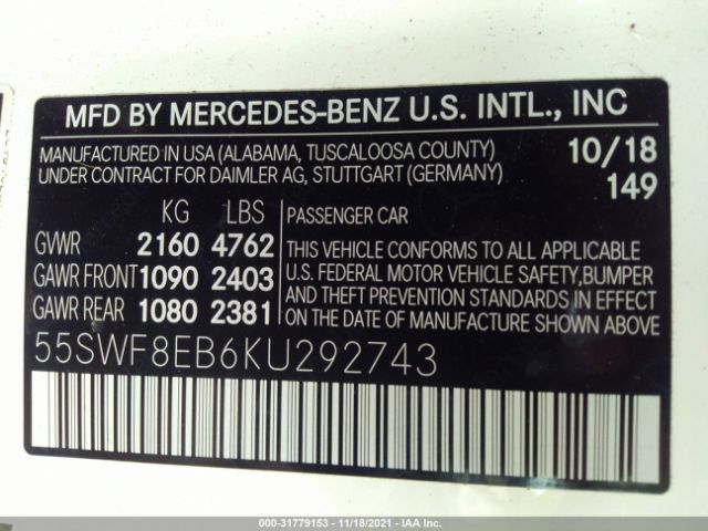 Photo 8 VIN: 55SWF8EB6KU292743 - MERCEDES-BENZ C-CLASS 