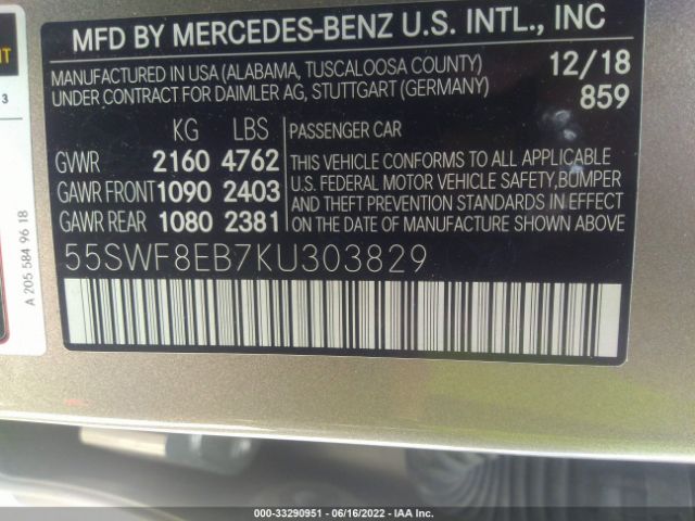 Photo 8 VIN: 55SWF8EB7KU303829 - MERCEDES-BENZ C-CLASS 