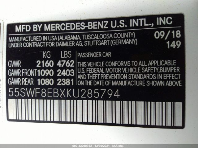 Photo 8 VIN: 55SWF8EBXKU285794 - MERCEDES-BENZ C-CLASS 