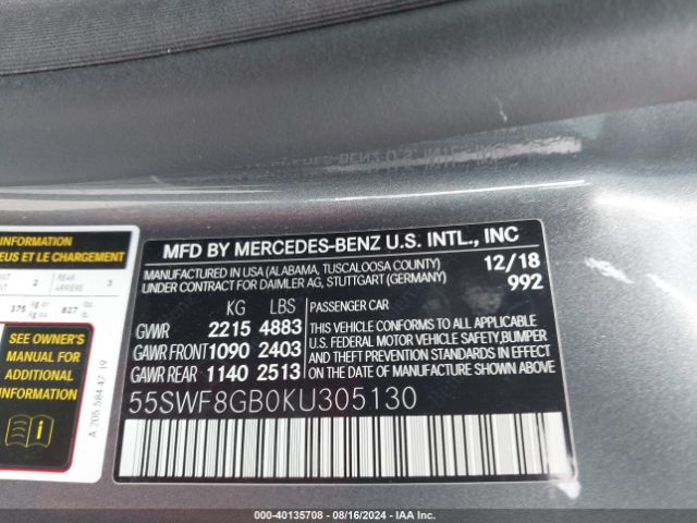 Photo 8 VIN: 55SWF8GB0KU305130 - MERCEDES-BENZ C-CLASS 