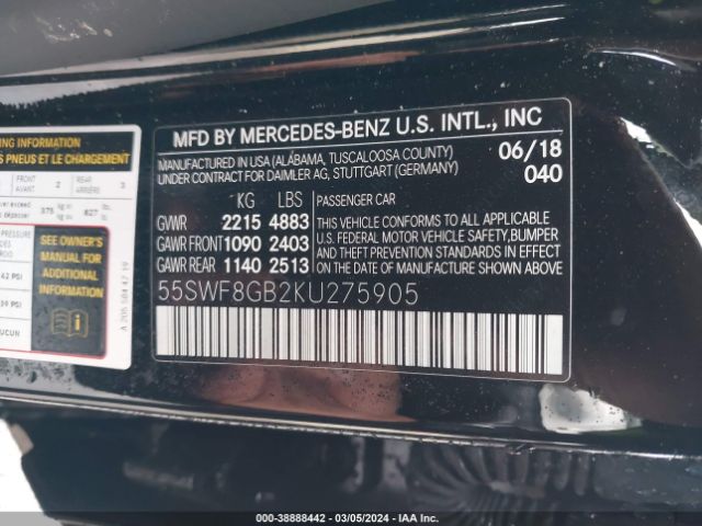 Photo 8 VIN: 55SWF8GB2KU275905 - MERCEDES-BENZ AMG C 63 