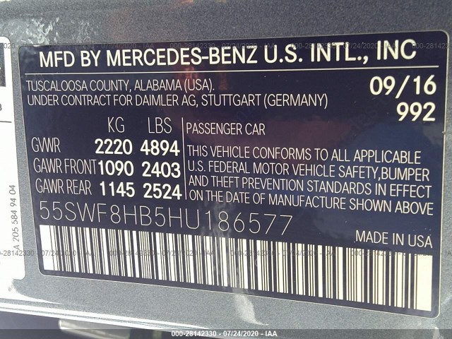 Photo 8 VIN: 55SWF8HB5HU186577 - MERCEDES-BENZ C-CLASS 