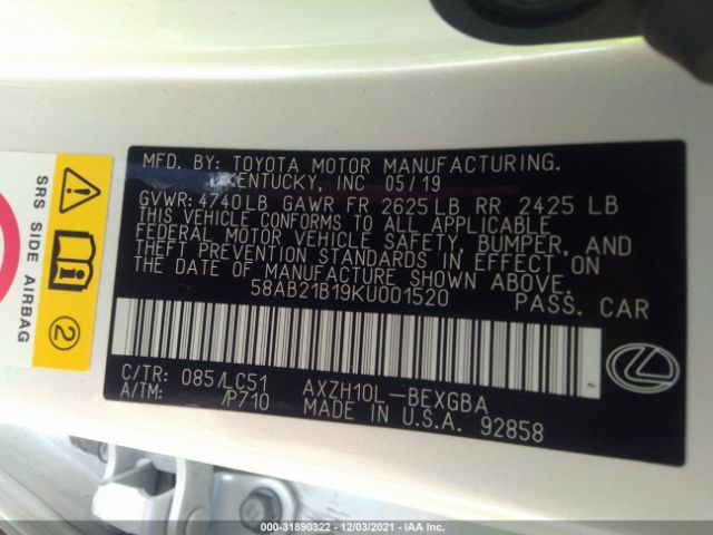 Photo 8 VIN: 58AB21B19KU001520 - LEXUS ES 