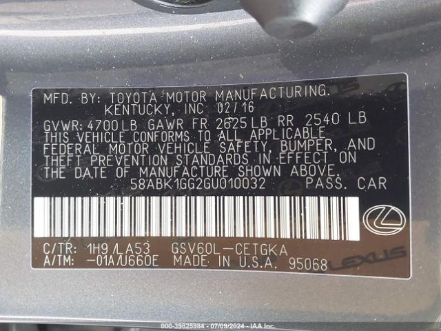 Photo 8 VIN: 58ABK1GG2GU010032 - LEXUS ES 