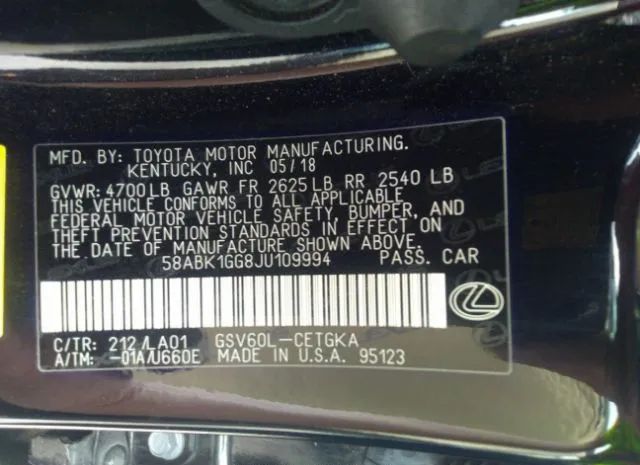 Photo 8 VIN: 58ABK1GG8JU109994 - LEXUS ES 