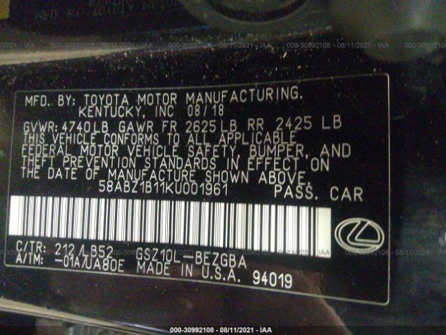 Photo 8 VIN: 58ABZ1B11KU001961 - LEXUS ES 