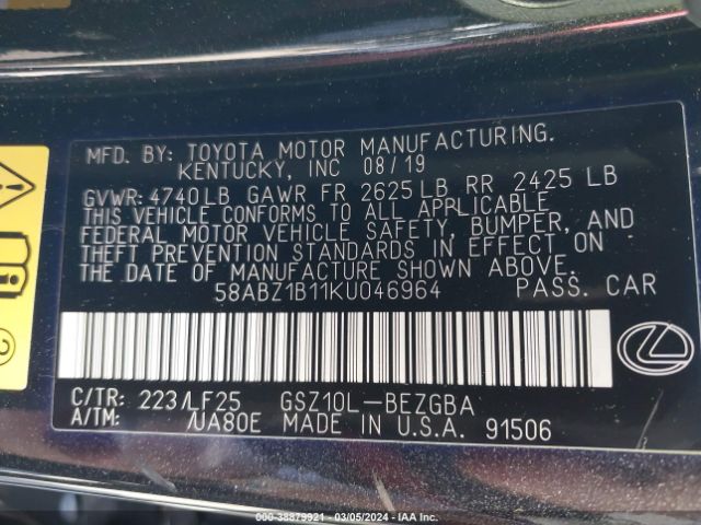 Photo 8 VIN: 58ABZ1B11KU046964 - LEXUS ES 350 