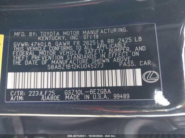 Photo 8 VIN: 58ABZ1B12KU045273 - LEXUS ES 