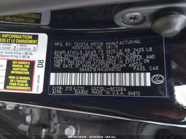 Photo 8 VIN: 58ABZ1B14KU049700 - LEXUS ES 