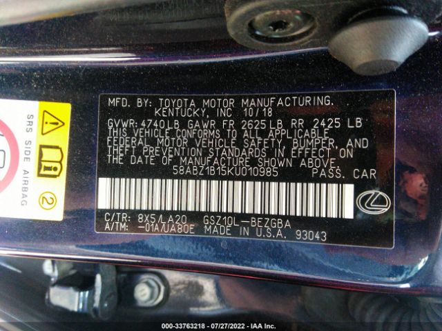 Photo 8 VIN: 58ABZ1B15KU010985 - LEXUS ES 