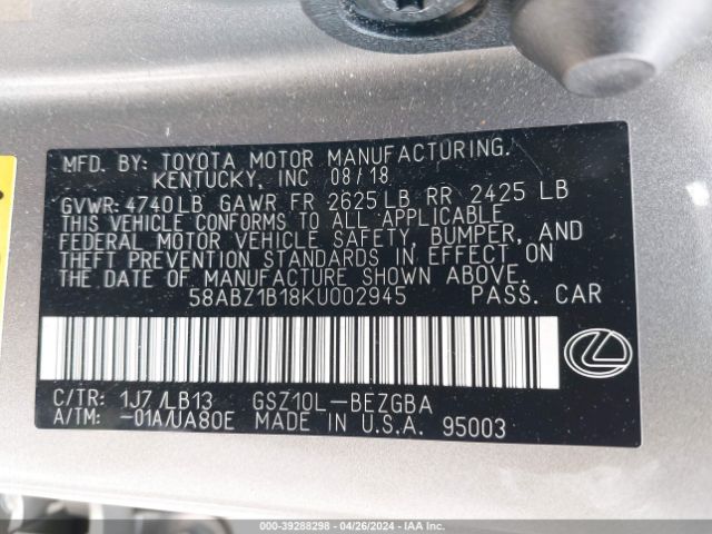 Photo 8 VIN: 58ABZ1B18KU002945 - LEXUS ES 350 