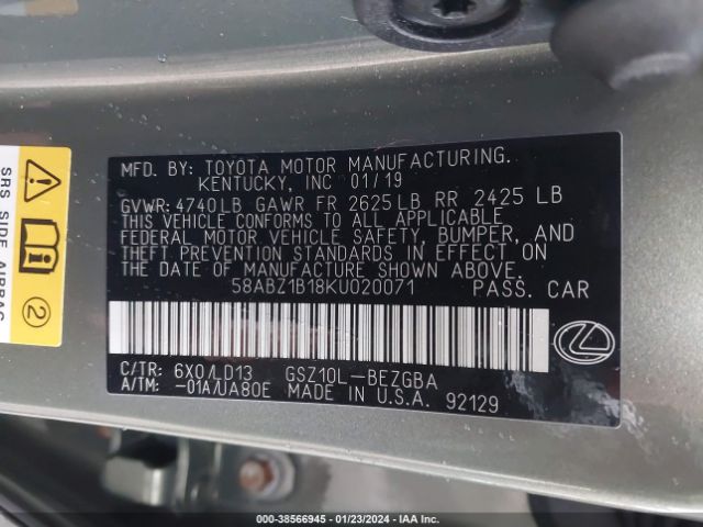 Photo 8 VIN: 58ABZ1B18KU020071 - LEXUS ES 350 