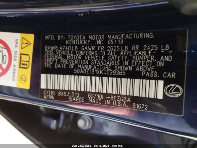 Photo 8 VIN: 58ABZ1B1XKU039365 - LEXUS ES 350 