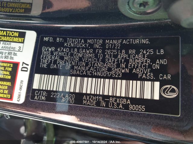 Photo 8 VIN: 58ACA1C14NU017523 - LEXUS ES 