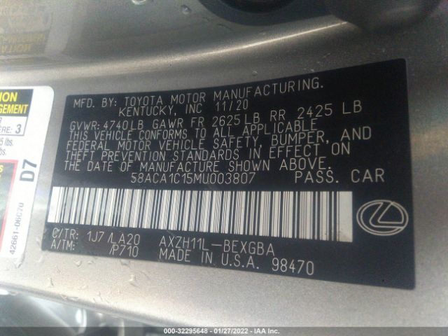 Photo 8 VIN: 58ACA1C15MU003807 - LEXUS ES 