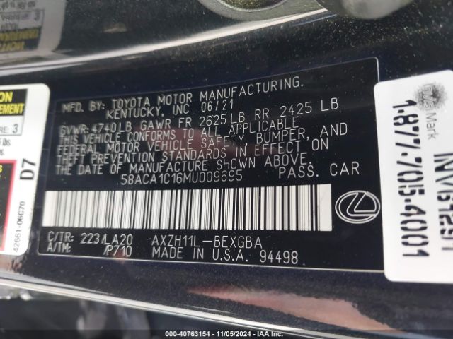 Photo 8 VIN: 58ACA1C16MU009695 - LEXUS ES 