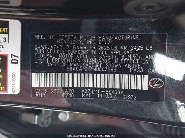 Photo 8 VIN: 58ACA1C17MU007566 - LEXUS ES 300H 