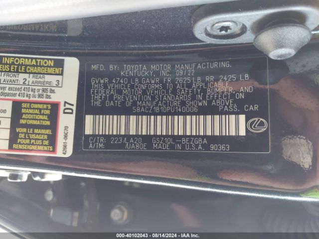 Photo 8 VIN: 58ACZ1B10PU140006 - LEXUS ES 