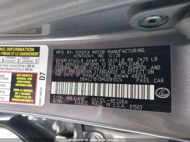 Photo 8 VIN: 58ACZ1B13MU091024 - LEXUS ES 350 