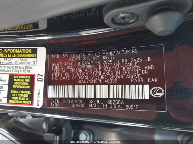 Photo 8 VIN: 58ACZ1B15PU140339 - LEXUS ES 