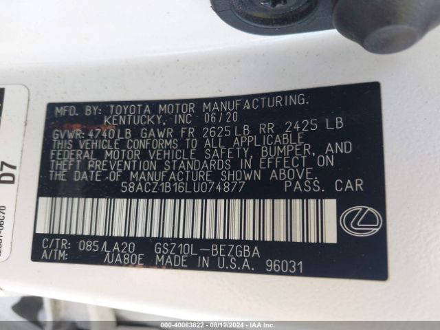 Photo 8 VIN: 58ACZ1B16LU074877 - LEXUS ES 