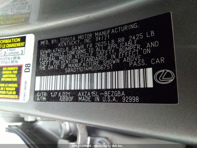 Photo 8 VIN: 58AD11D14MU006751 - LEXUS ES 