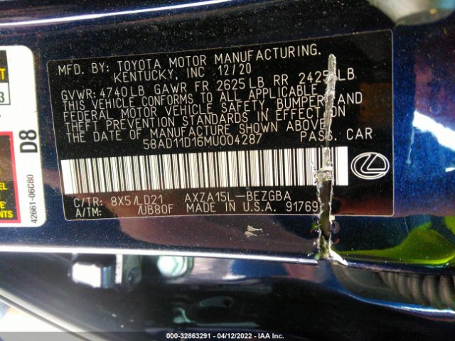 Photo 8 VIN: 58AD11D16MU004287 - LEXUS ES 