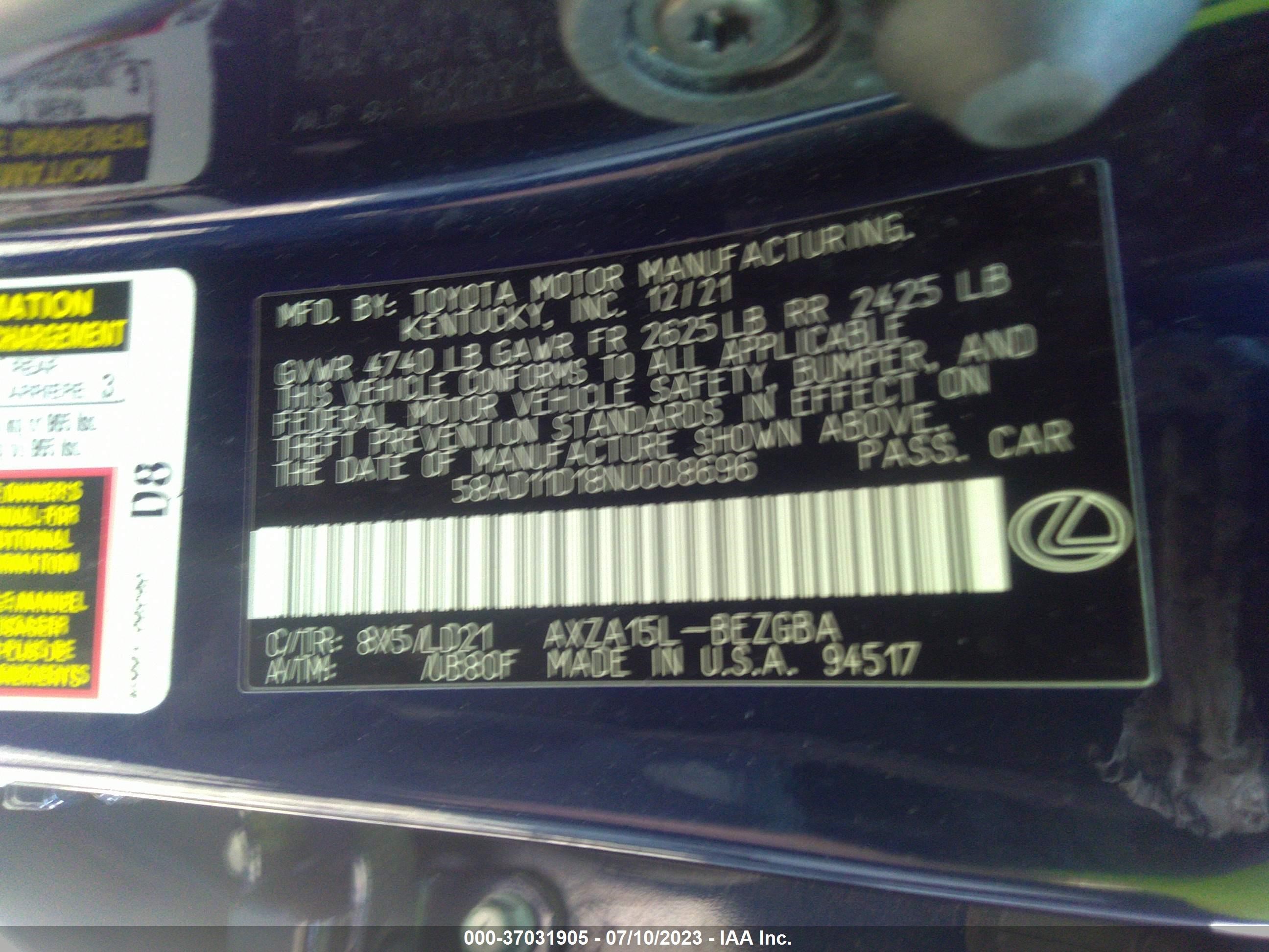 Photo 8 VIN: 58AD11D18NU008696 - LEXUS ES 250 