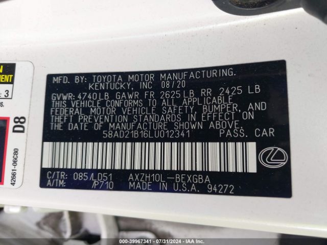 Photo 8 VIN: 58AD21B16LU012341 - LEXUS ES 