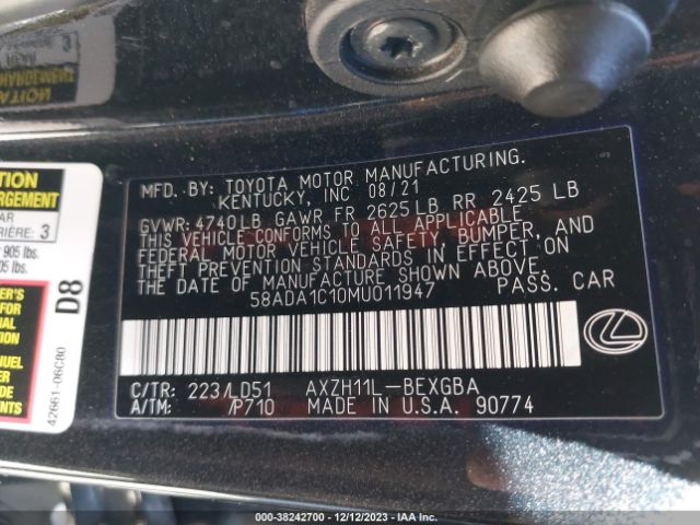 Photo 8 VIN: 58ADA1C10MU011947 - LEXUS ES 300H 