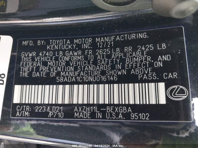 Photo 8 VIN: 58ADA1C10NU016146 - LEXUS ES 