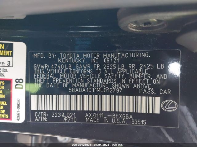 Photo 8 VIN: 58ADA1C11MU012797 - LEXUS ES 300H 