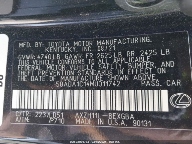 Photo 8 VIN: 58ADA1C14MU011742 - LEXUS ES 300H 