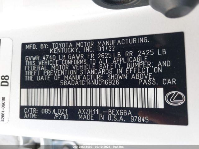 Photo 8 VIN: 58ADA1C14NU016926 - LEXUS ES 