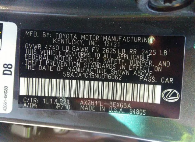 Photo 8 VIN: 58ADA1C15NU016062 - LEXUS ES 